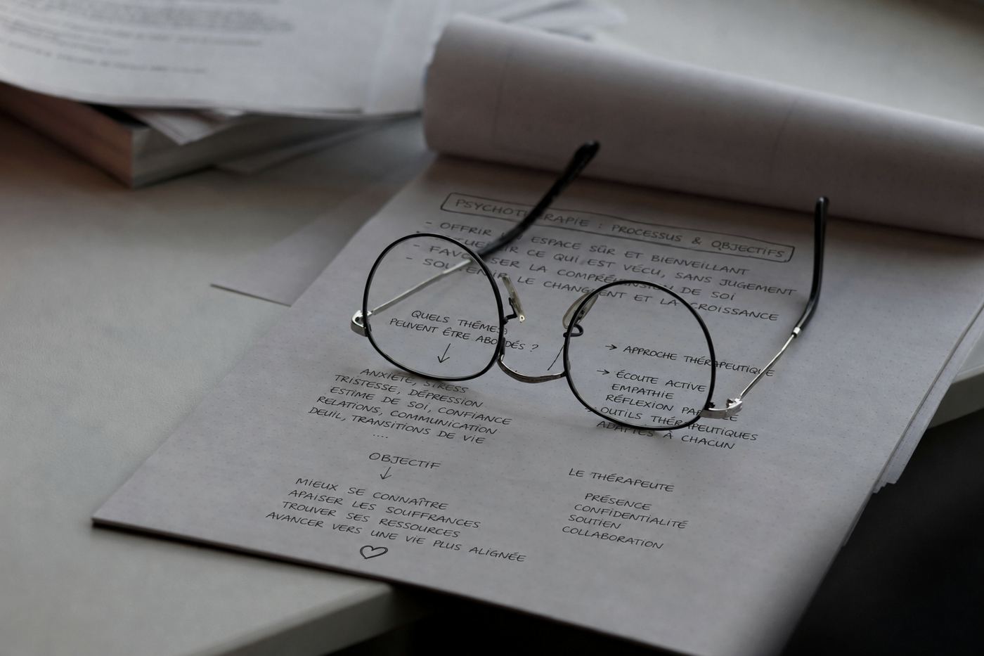 Une paire de lunettes posée sur des notes manuscrites.