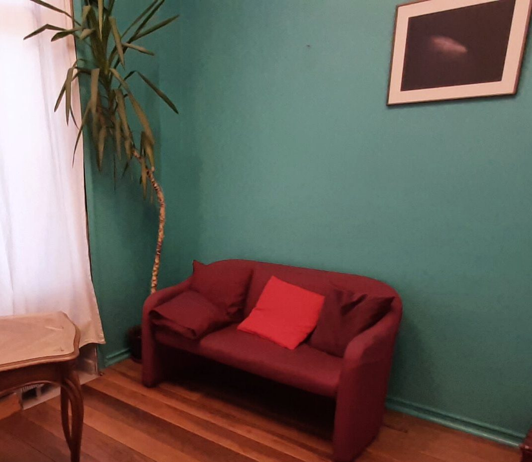Le cabinet : un canapé et un fauteuil qui se font face, devant un mur vert.
